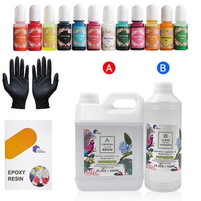 3KG 2:1 AB Epoxy Resin Art Coating UV Kit and 12 Colors Pigment Paste Ink Solid Colour Liquid