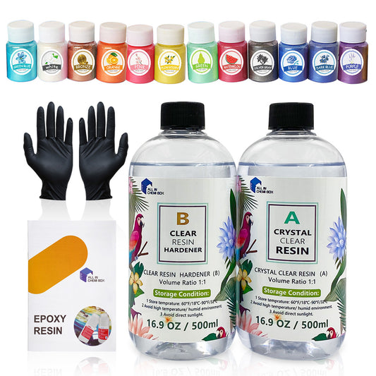 1L 1:1 AB Epoxy Resin Art Coating UV Kit and 12 Colors Pigment Paste Colour Pearl Powder