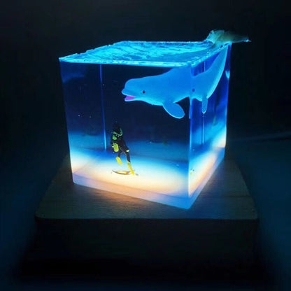 Ocean Marine Life Epoxy Handicraft Night Lamp: Diver, Killer Whale, Beluga, Humpback Whales, Shark, Spotted Eagle Ray - Unique Gift and Decor