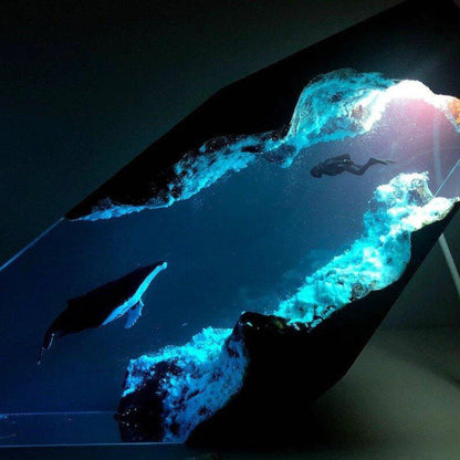 Epoxy Resin Lamp: Diver Shark LED Night Light, Whales, Deep Sea Shimmer, USB Desktop Lamp Ornaments, Creative Gifts, Home Office Decor