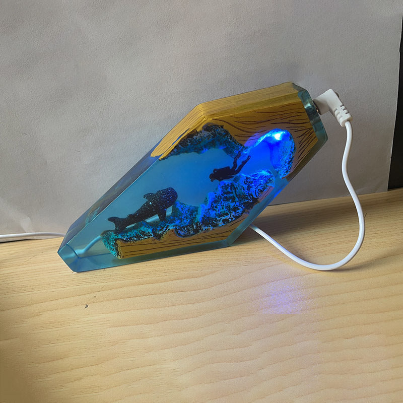 Epoxy Resin Lamp: Diver Shark LED Night Light, Whales, Deep Sea Shimmer, USB Desktop Lamp Ornaments, Creative Gifts, Home Office Decor