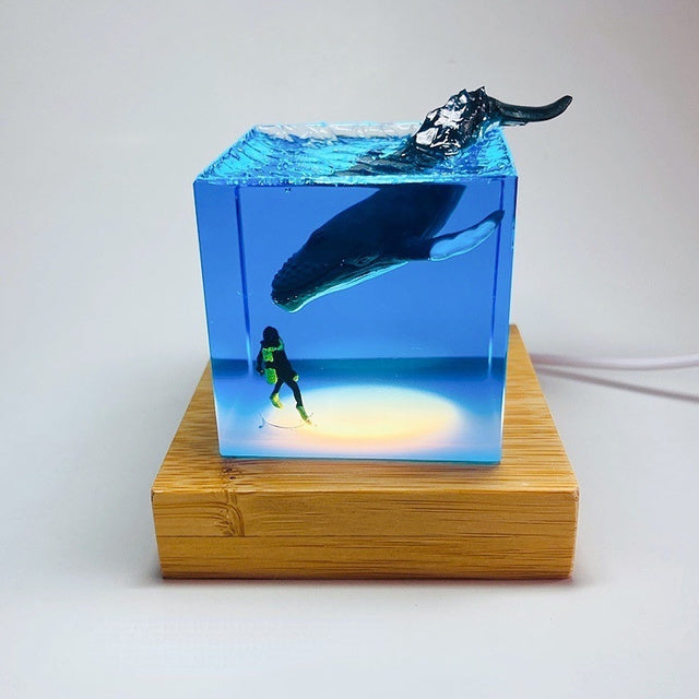 Ocean Marine Life Epoxy Handicraft Night Lamp: Diver, Killer Whale, Beluga, Humpback Whales, Shark, Spotted Eagle Ray - Unique Gift and Decor