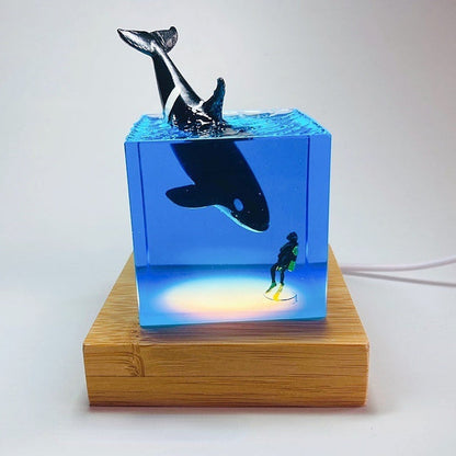 Ocean Marine Life Epoxy Handicraft Night Lamp: Diver, Killer Whale, Beluga, Humpback Whales, Shark, Spotted Eagle Ray - Unique Gift and Decor