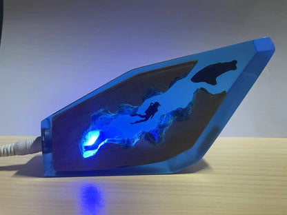 Epoxy Resin Lamp: Diver Shark LED Night Light, Whales, Deep Sea Shimmer, USB Desktop Lamp Ornaments, Creative Gifts, Home Office Decor