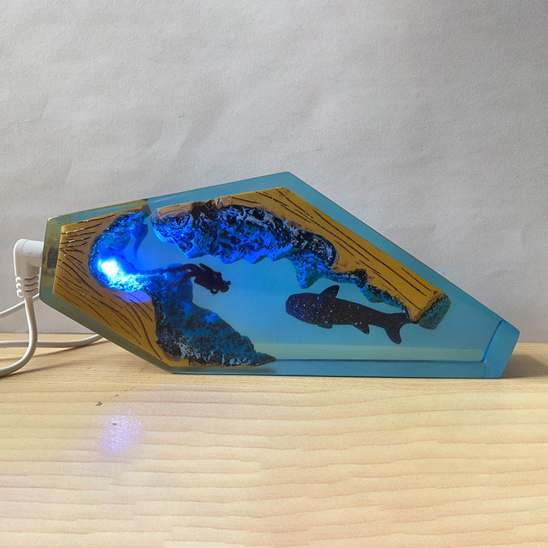 Epoxy Resin Lamp: Diver Shark LED Night Light, Whales, Deep Sea Shimmer, USB Desktop Lamp Ornaments, Creative Gifts, Home Office Decor